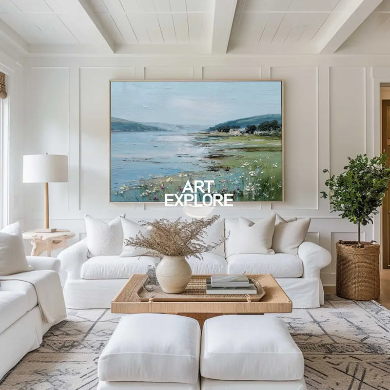 Large Blue Scenery Oil Painting Blue Lake Textured Wall Art Modern Blue Landscape Wall Art For Sale