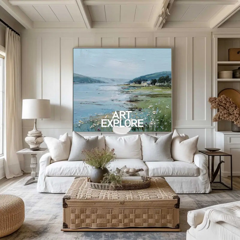 Large Blue Scenery Oil Painting Blue Lake Textured Wall Art Modern Blue Landscape Wall Art For Sale