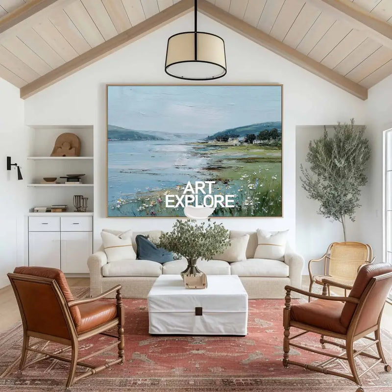 Large Blue Scenery Oil Painting Blue Lake Textured Wall Art Modern Blue Landscape Wall Art For Sale