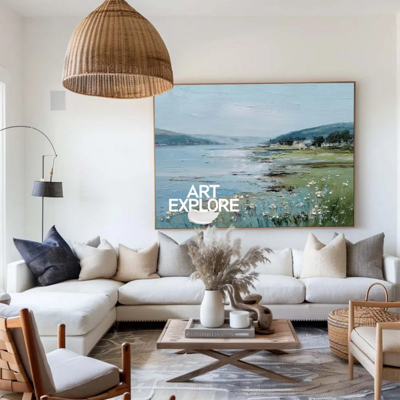 Large Blue Scenery Oil Painting Blue Lake Textured Wall Art Modern Blue Landscape Wall Art For Sale