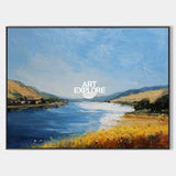Large Blue Lake View Oil Painting Lake Textured Canvas Art Modern Blue Abstract Landscape Wall Art