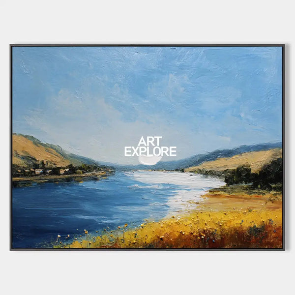 Large Blue Lake View Oil Painting Lake Textured Canvas Art Modern Blue Abstract Landscape Wall Art
