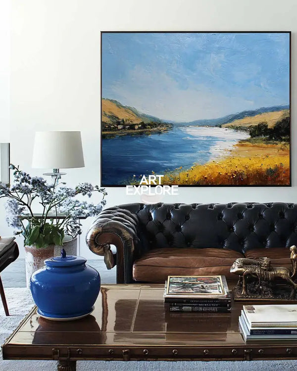 Large Blue Lake View Oil Painting Lake Textured Canvas Art Modern Blue Abstract Landscape Wall Art