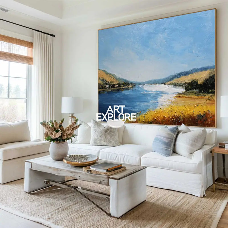Large Blue Lake View Oil Painting Lake Textured Canvas Art Modern Blue Abstract Landscape Wall Art