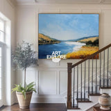 Large Blue Lake View Oil Painting Lake Textured Canvas Art Modern Blue Abstract Landscape Wall Art