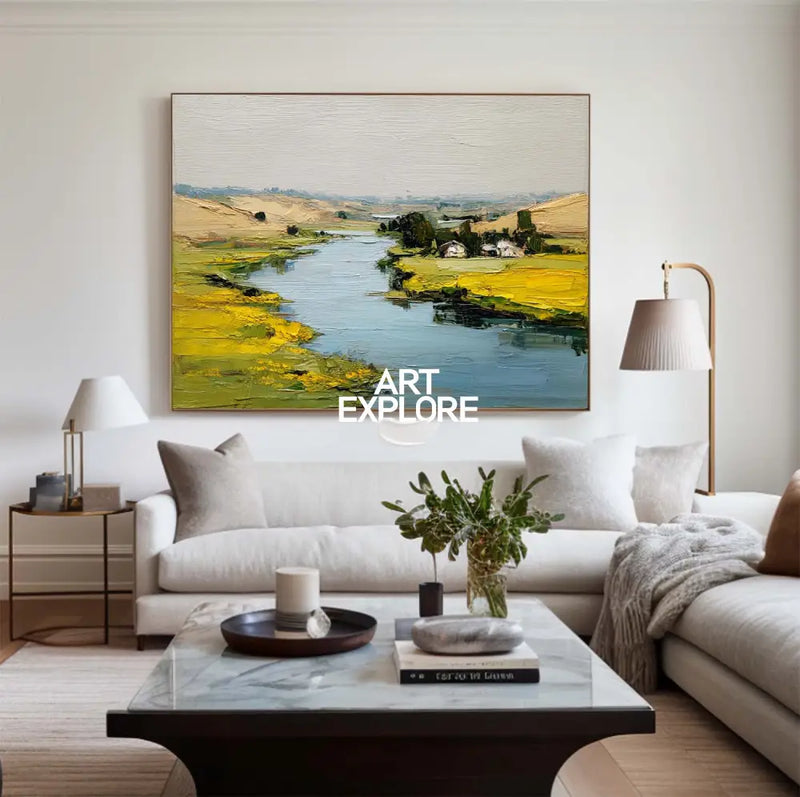 Large Blue Lake Painting Blue Lake View Canvas Art Modern Blue Textured Landscape Wall Art For Sale