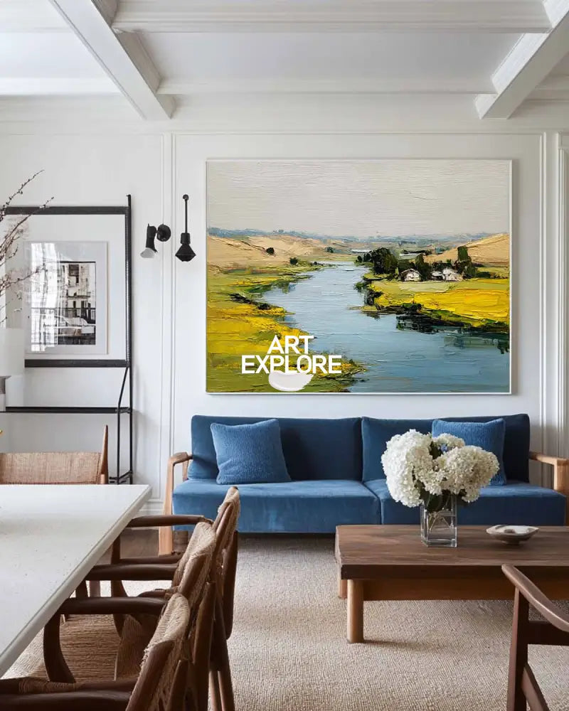 Large Blue Lake Painting Blue Lake View Canvas Art Modern Blue Textured Landscape Wall Art For Sale