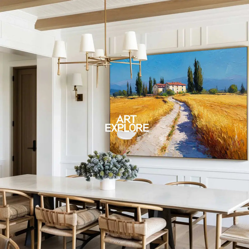 Large Modern Scenery Art Painting – Richly Textured Tuscan Countryside Landscape for Living Room