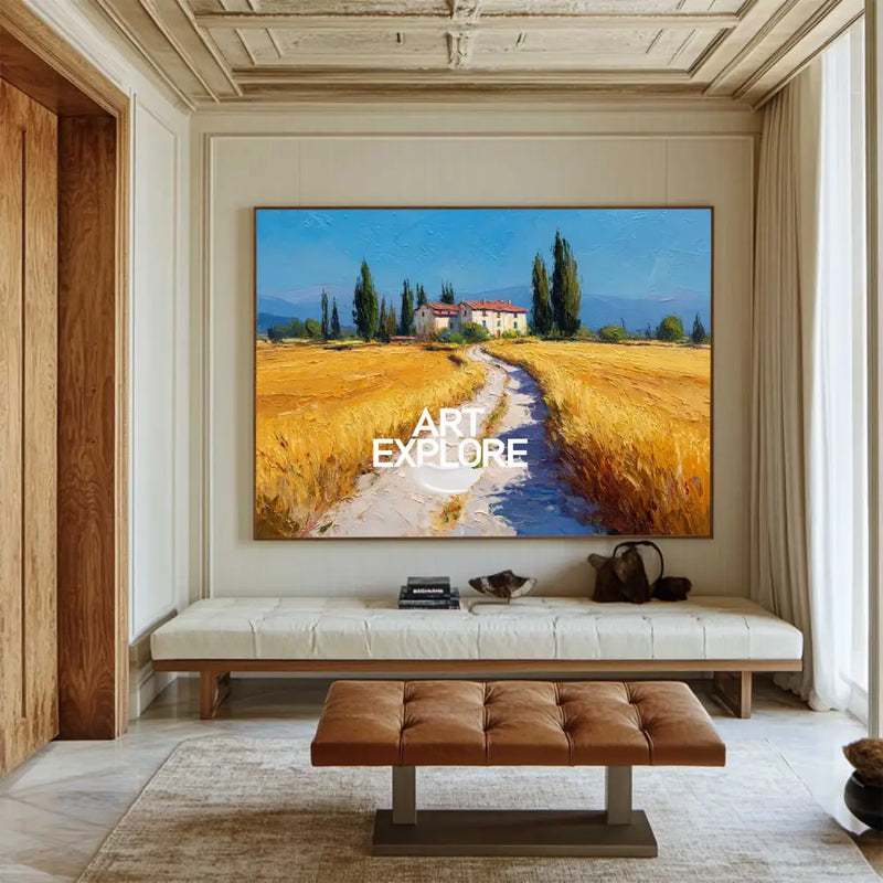 Textured Landscape Wall Art – Sunny Rural Path and Italian Villa Scene, Modern Home Decor Painting