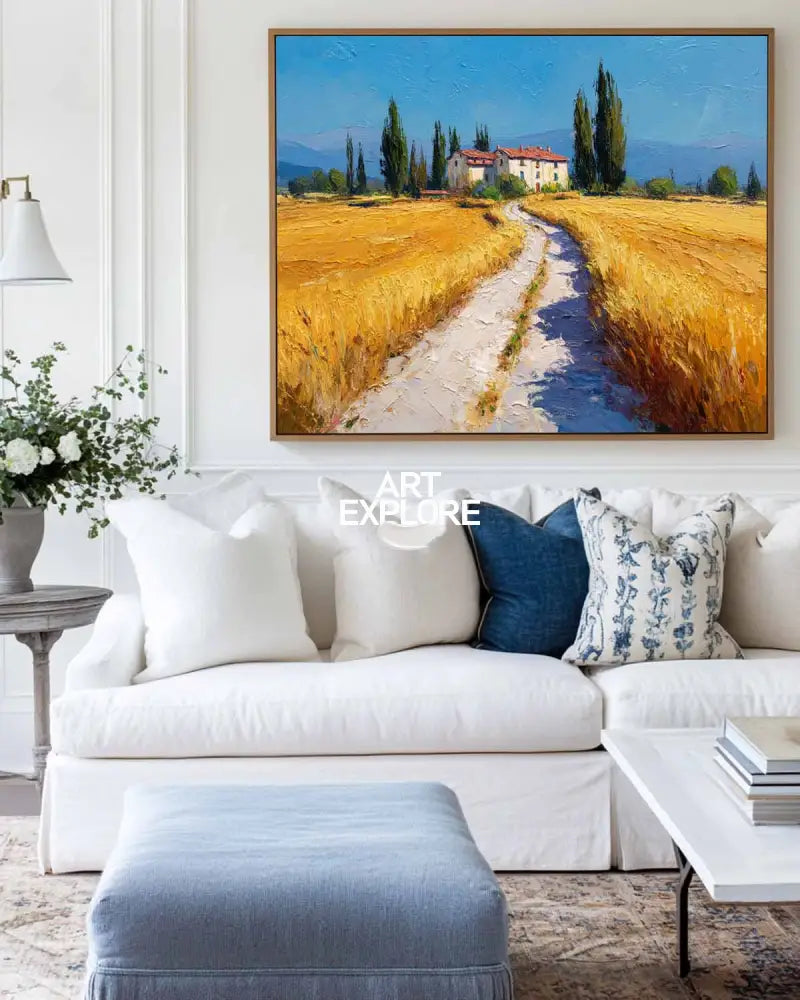 Italian Countryside Modern Landscape Painting – Richly Textured Scenic Wall Decor for Livingroom