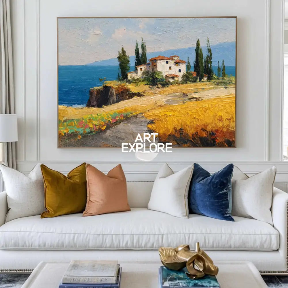 Mediterranean Sea & Countryside Canvas Art – Modern Textured Landscape Painting for Elegant Home Interiors