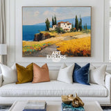 Mediterranean Sea & Countryside Canvas Art – Modern Textured Landscape Painting for Elegant Home Interiors