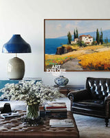 Contemporary Coastal Villa Artwork – Richly Textured Modern Landscape Canvas Ideal for Large Spaces