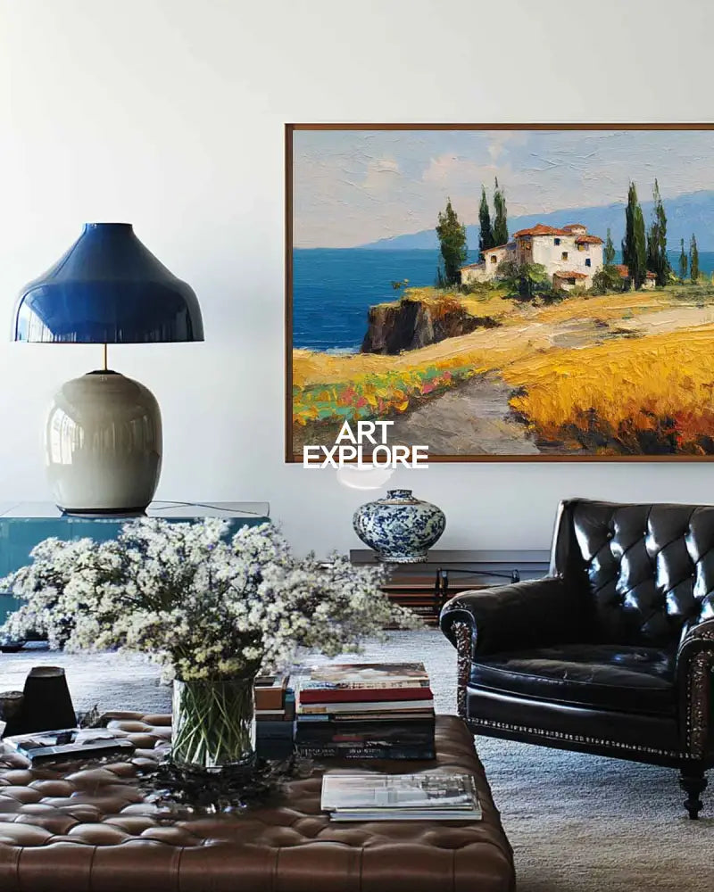 Contemporary Coastal Villa Artwork – Richly Textured Modern Landscape Canvas Ideal for Large Spaces