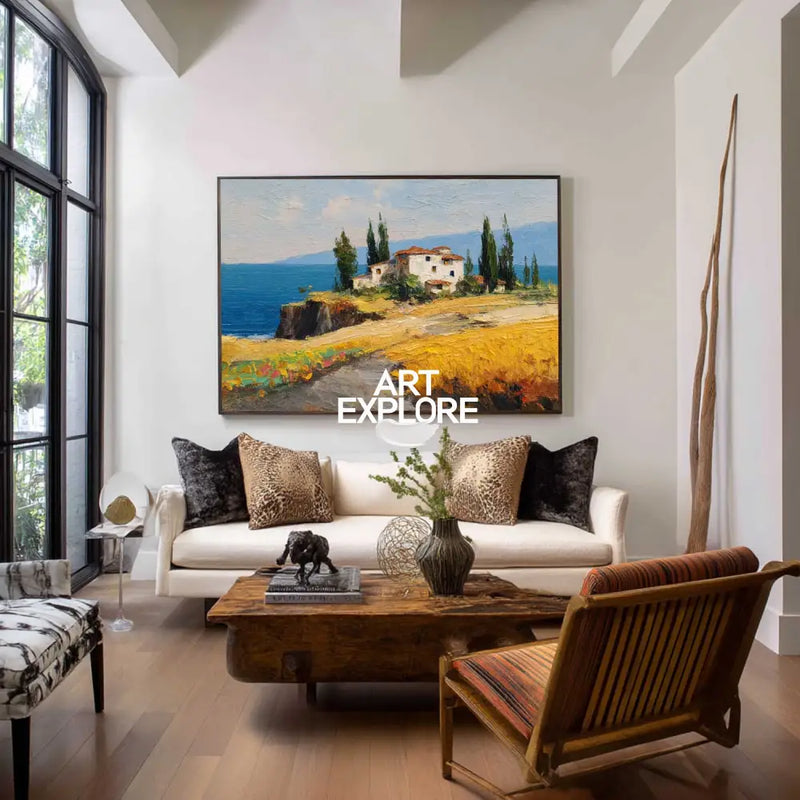 Scenic Seaside Villa Art – Large Modern Landscape Wall Decor, Rich Texture Oil Painting by ArtExplore