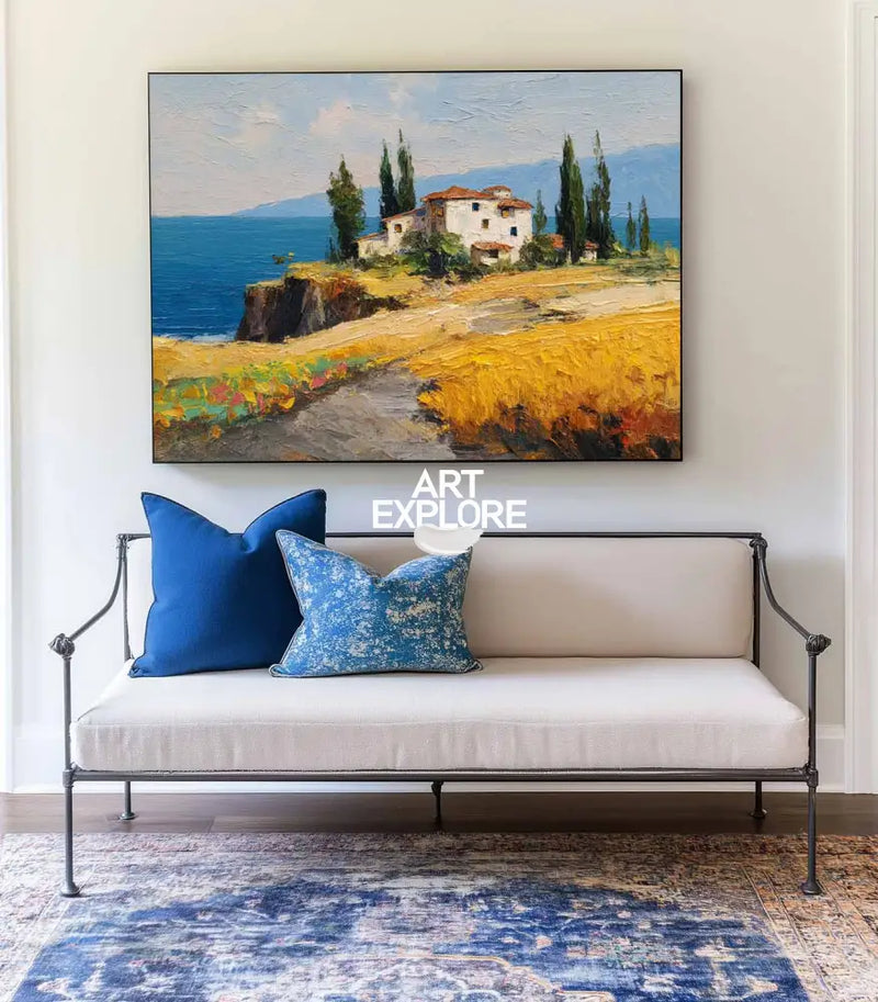 Coastal Scenery with Rustic Villa – Premium Modern Landscape Canvas Art, Rich Texture for Spacious Home Decor