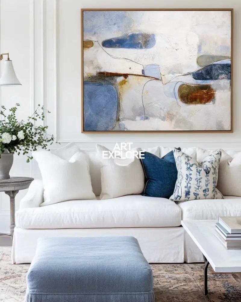 Serene Blue Wabi-Sabi Oil Painting – Modern Luxury Canvas for Large Spaces | ArtExplore