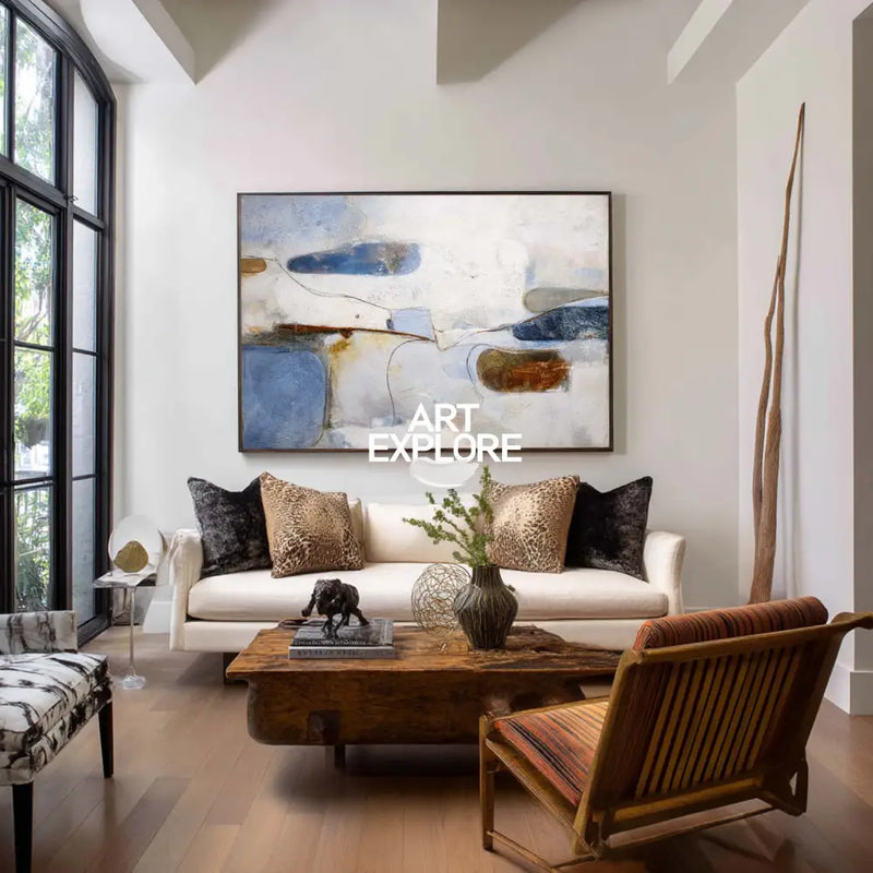 Abstract Blue Wabi-Sabi Oil Canvas for Office & Living Room – Handmade Wall Art | ArtExplore