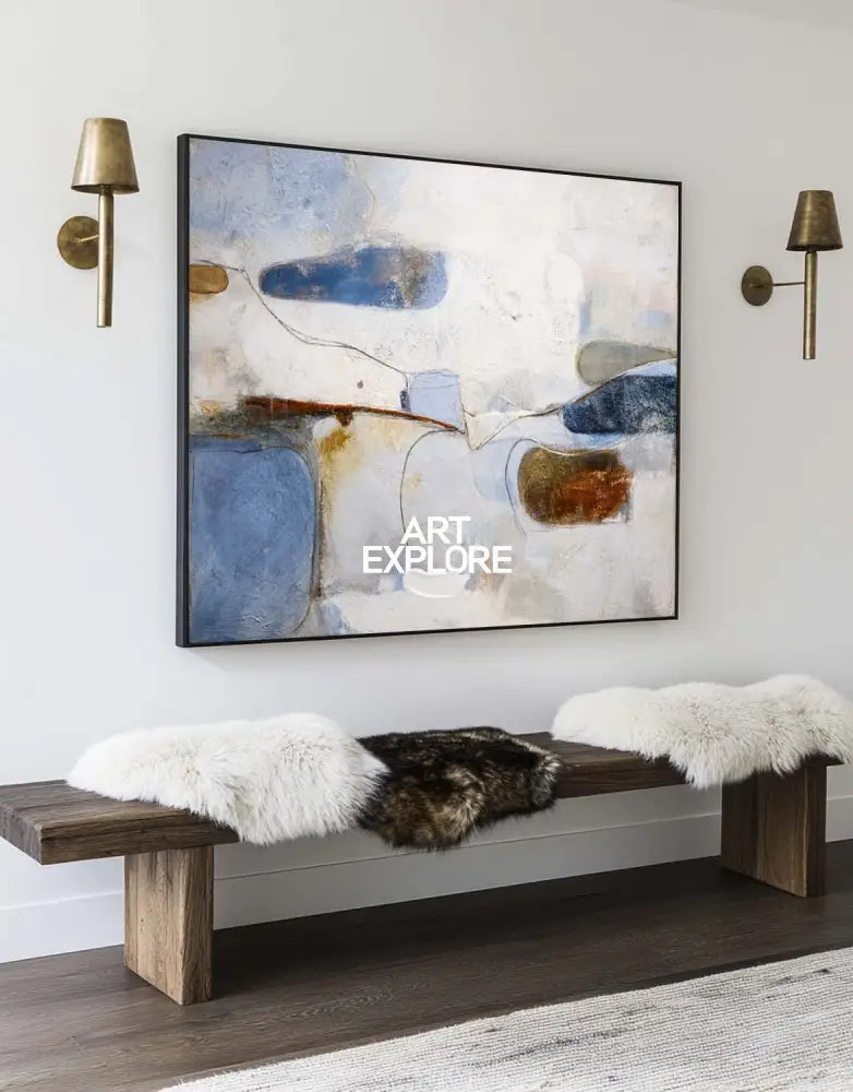 Luxury Blue Wabi-Sabi Textured Canvas for Minimalist Decor – Modern Horizontal Art | ArtExplore