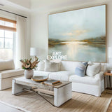 Serene Sunrise Lake Oil Painting – Tranquil Blue Wall Art for Minimalist Home Decor | Artexplore