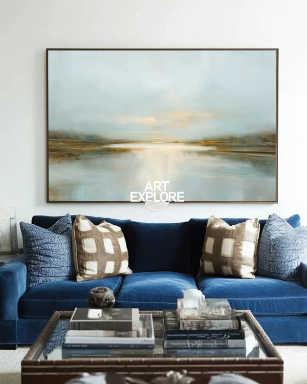 Handmade Misty Blue Sunrise Lake Canvas Painting – Large Textured Wall Art for Living Room