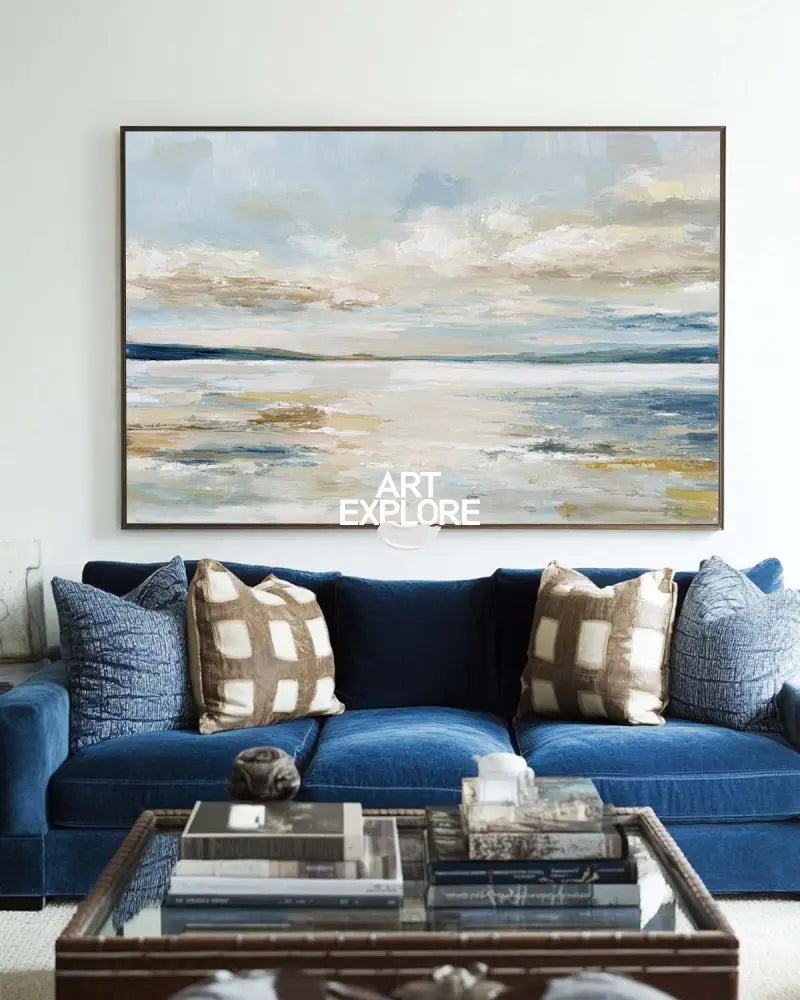 Misty Morning Lake – Large Handmade Blue Beige Oil Painting – Modern Wall Art by ArtExplore