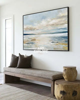 Serene Misty Lake – Large Blue Beige Abstract Oil Painting for Minimalist Decor by ArtExplore