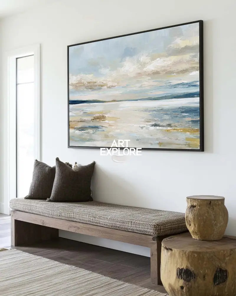 Serene Misty Lake – Large Blue Beige Abstract Oil Painting for Minimalist Decor by ArtExplore