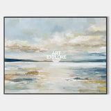 Sunrise Misty Lake Oil Painting – Large Blue Beige Abstract Landscape Wall Art by ArtExplore