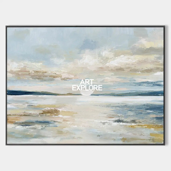 Sunrise Misty Lake Oil Painting – Large Blue Beige Abstract Landscape Wall Art by ArtExplore