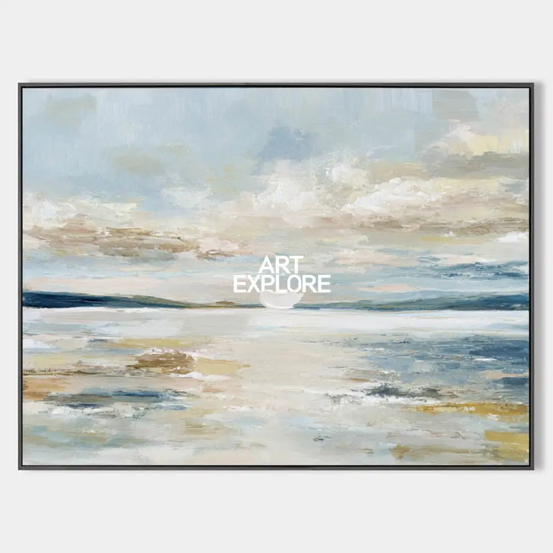 Sunrise Misty Lake Oil Painting – Large Blue Beige Abstract Landscape Wall Art by ArtExplore