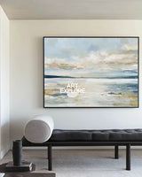 Large Texture Painting of Misty Morning Lake – Abstract Blue Beige Wall Art by ArtExplore