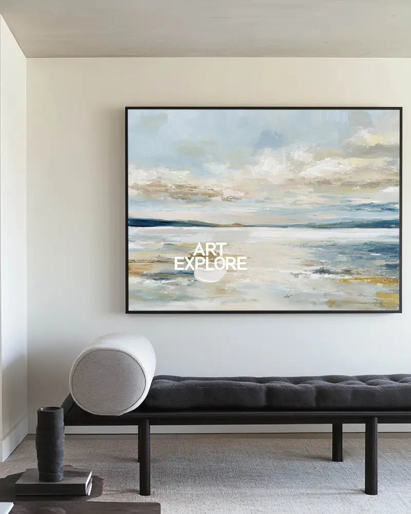 Large Texture Painting of Misty Morning Lake – Abstract Blue Beige Wall Art by ArtExplore