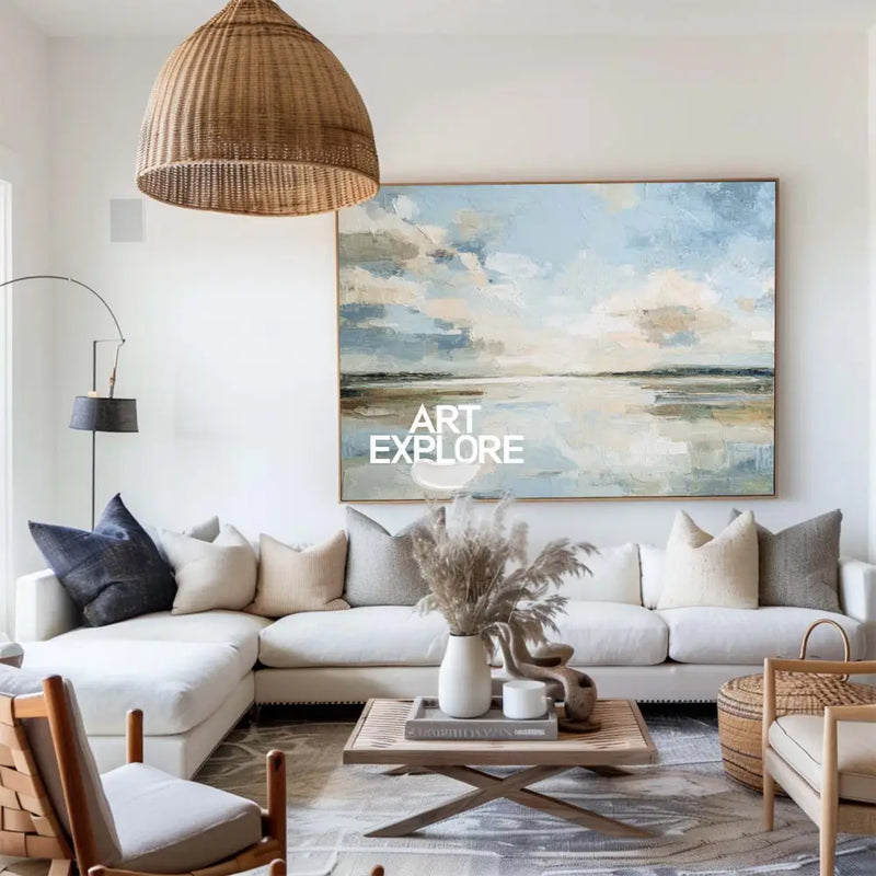 Serene Blue Sky Reflection Painting | Minimalist Oil Wall Art for Dining Room | ArtExplore