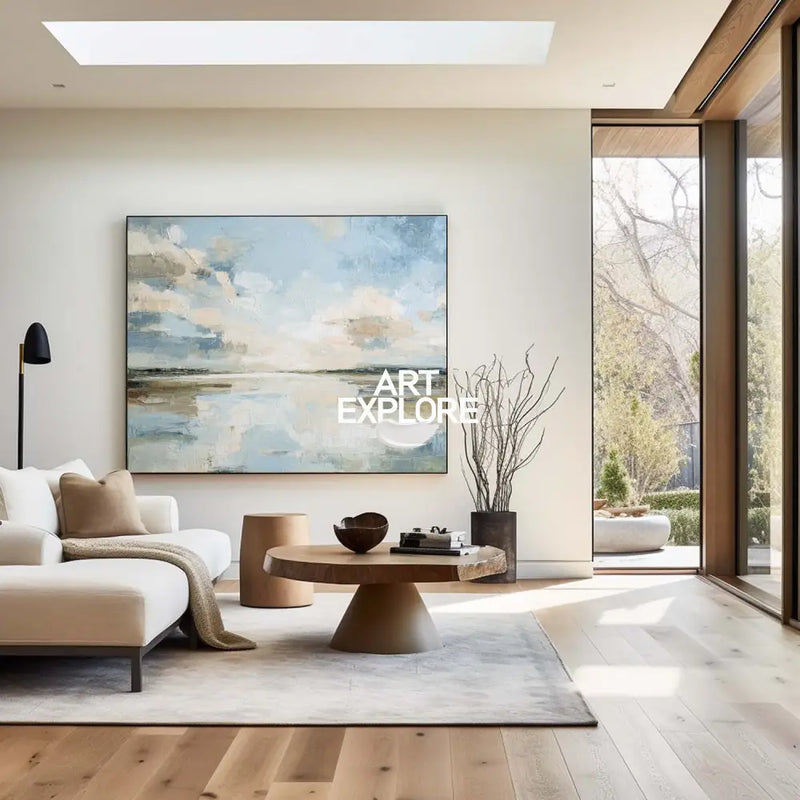 Blue Modern Horizon Wall Art | Minimalist Sunrise Lake Painting on Canvas | ArtExplore