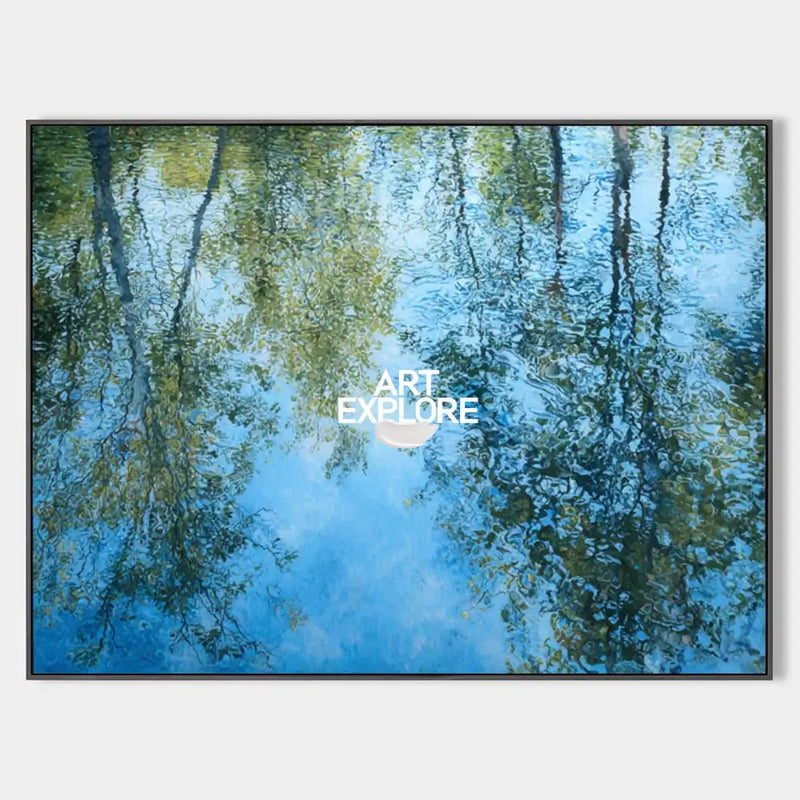 Serene Water Reflection Oil Painting – Blue Green Texture Wall Decor for Living Room | ArtExplore