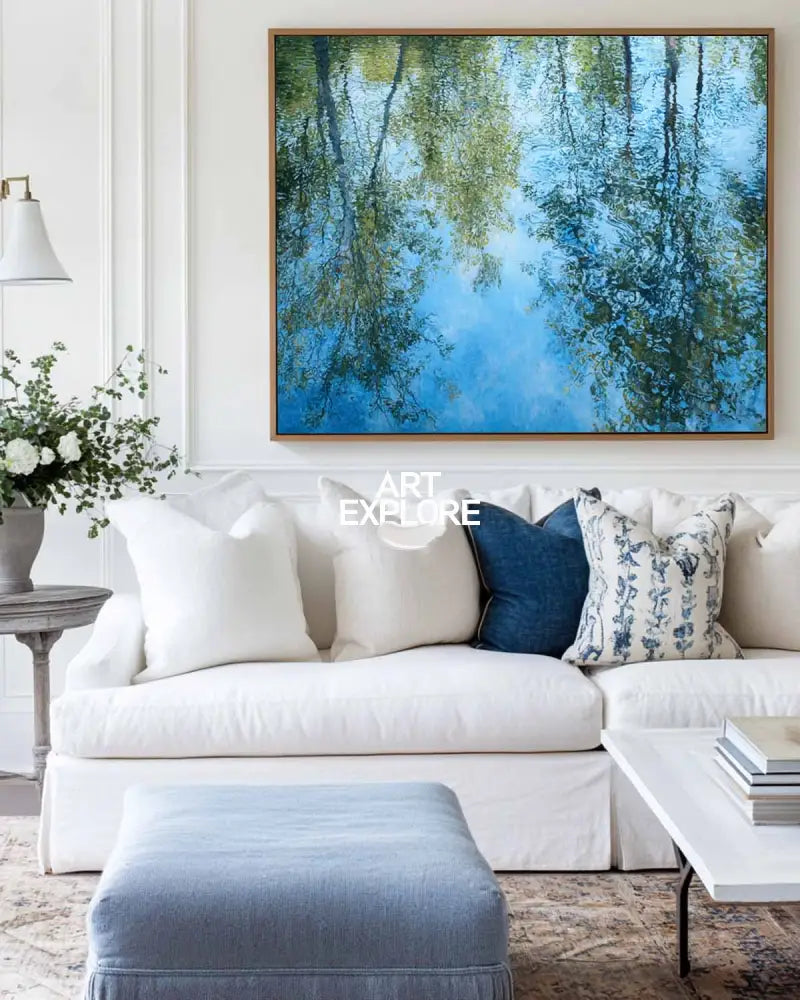 Handmade Blue Lake Landscape Oil Canvas – Minimalist Large Wall Art for Dining Space | ArtExplore