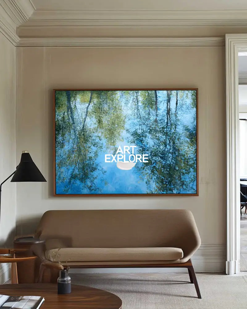 Oversized Blue Textured Reflection Painting – Contemporary Nature Wall Art for Home | ArtExplore