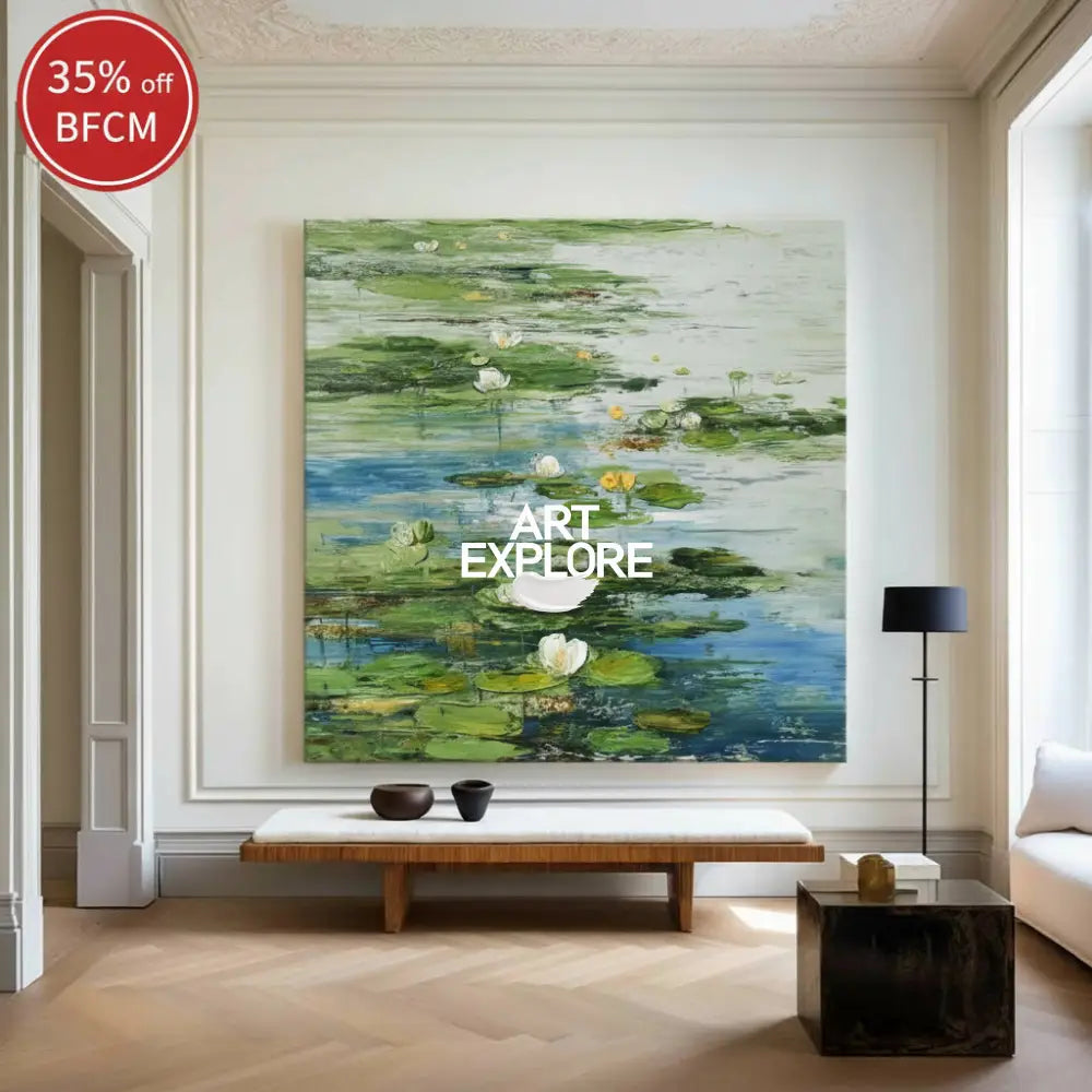 Modern Green Lotus Painting on Canvas for Large Space Decor, Minimalist Wall Art | ArtExplore