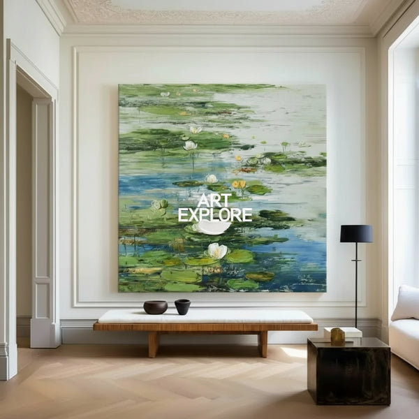 Modern Green Lotus Painting on Canvas for Large Space Decor, Minimalist Wall Art | ArtExplore