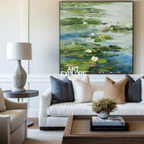 Green Lotus Oil Painting Green Pond Textured Artworks Large Green Abstract Canvas Art For Livingroom