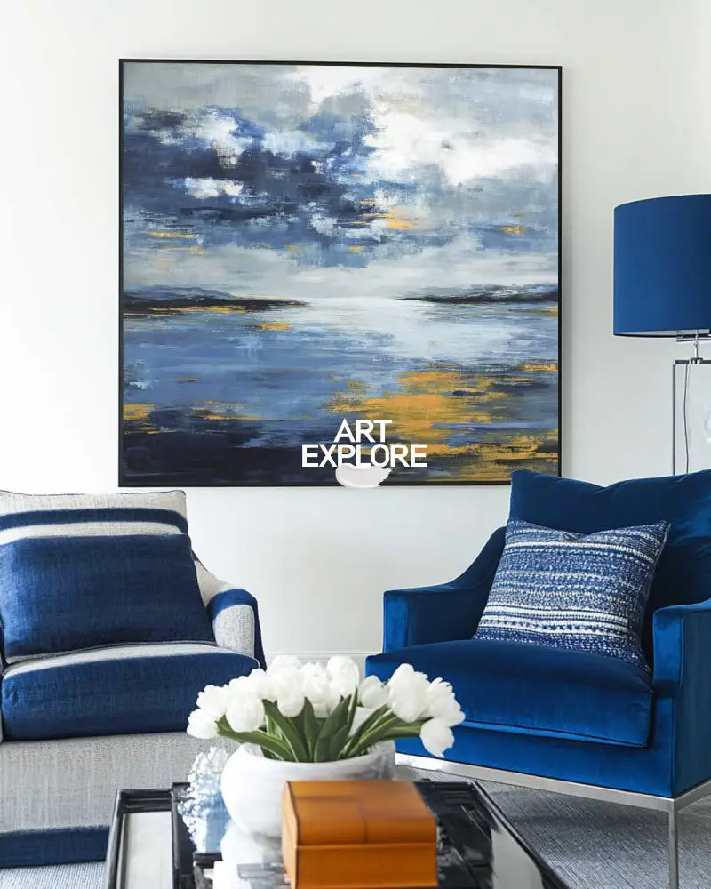Large Blue Ocean Painting Blue Sea Wave Textured Artworks Large Blue Sea Wave Canvas Art For Sale