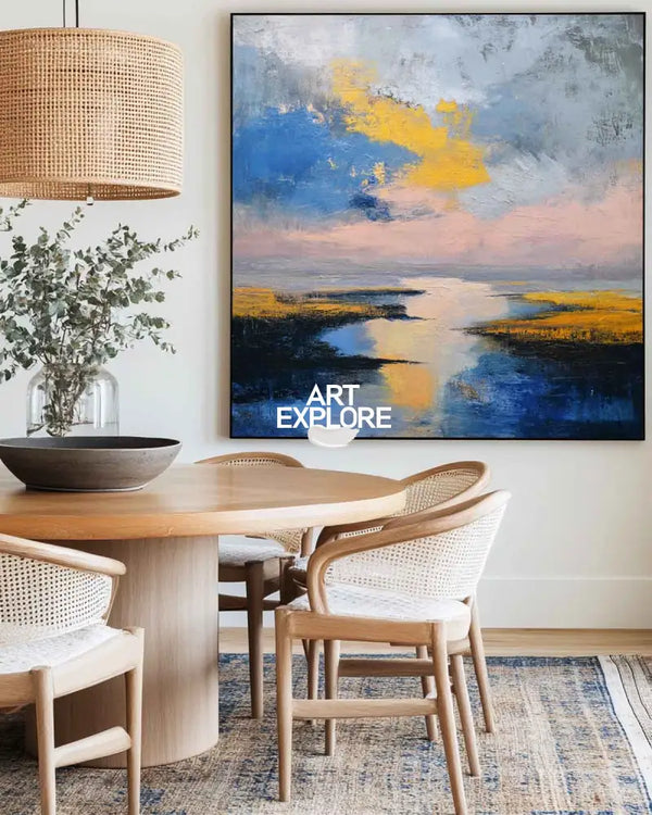 Large Blue Sea and Sunset Oil Painting Blue Seaside Textured Wall Art Modern Blue Abstract Fine Art