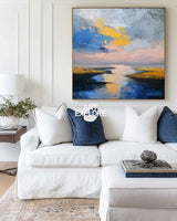 Large Blue Sea and Sunset Oil Painting Blue Seaside Textured Wall Art Modern Blue Abstract Fine Art