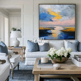 Large Blue Sea and Sunset Oil Painting Blue Seaside Textured Wall Art Modern Blue Abstract Fine Art