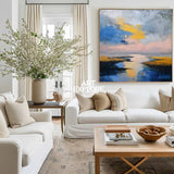 Large Blue Sea and Sunset Oil Painting Blue Seaside Textured Wall Art Modern Blue Abstract Fine Art