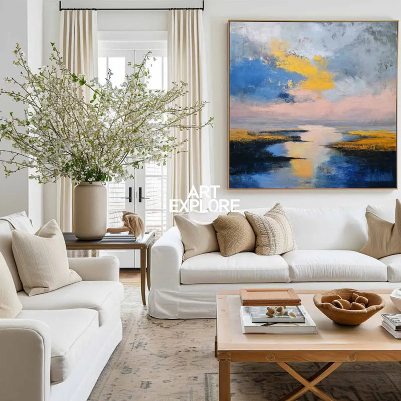 Large Blue Sea and Sunset Oil Painting Blue Seaside Textured Wall Art Modern Blue Abstract Fine Art