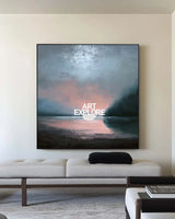 Large Dark Blue Sea and Sunset Painting Seaside Textured Art Modern Blue Abstract Wall Art For Sale