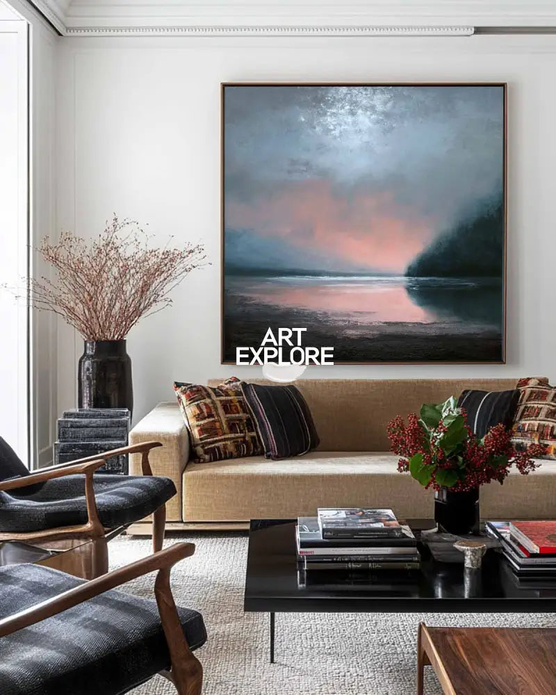 Large Dark Blue Sea and Sunset Painting Seaside Textured Art Modern Blue Abstract Wall Art For Sale