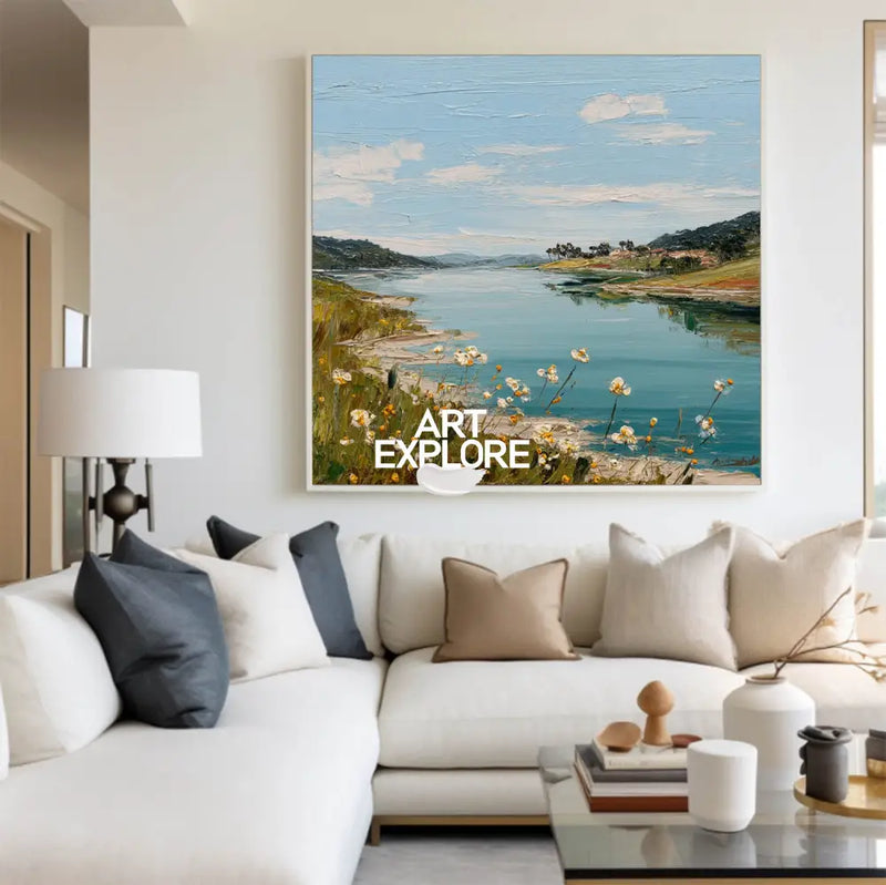 Large Blue Lake View Oil Painting Blue Lake Textured Art  Blue Abstract Landscape Wall Art For Sale